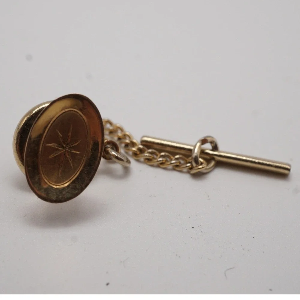 Vintage 14K Yellow Gold Starburst Oval Tie Tack with Safety Chain 0.48g